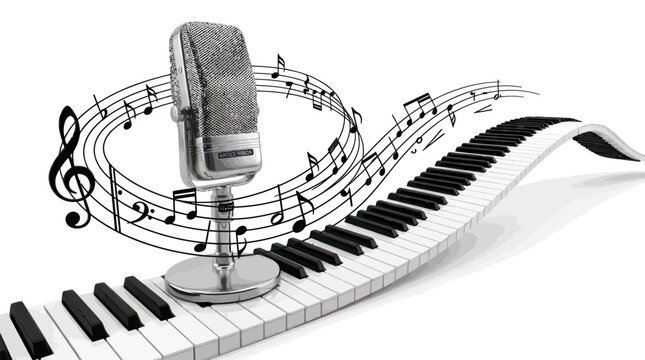 Retro microphone, piano keys and musical notes - music concept