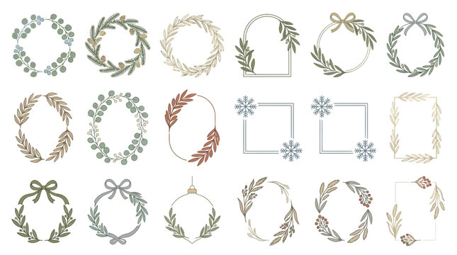 Collection of floral wreaths and frames with leaves and bows