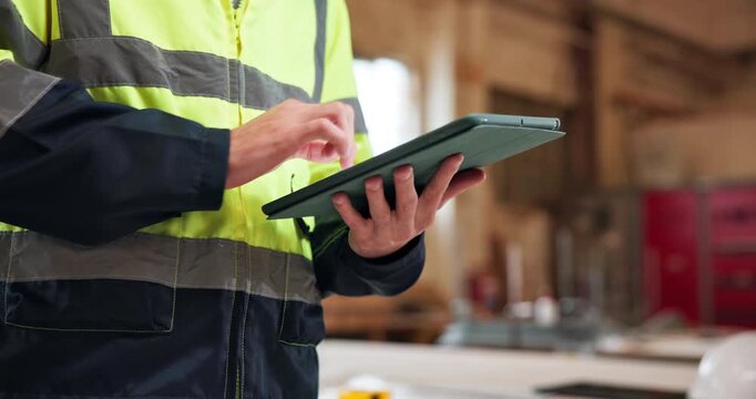 Hands, tablet and engineer at construction site for building development, inspection or design info. Scroll, tech and person with engineering review, digital schematic and architecture evaluation