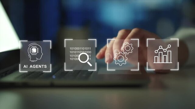 AI agents concept.  Artificial intelligence and autonomous workflow icons, intelligent automation, digital assistants and business productivity enhancement. 