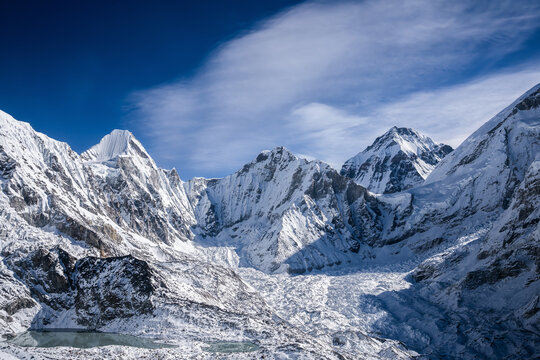Helicopter flight over the Khumbu glacier. Aerial view of the Khumbu valley near Gorak Shep. Everest base camp trek, Nepal.