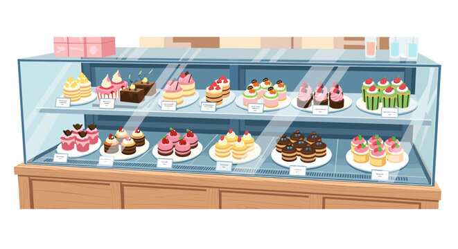 A glass display case filled with various delicious colorful pastries and cakes in a bakery shop.