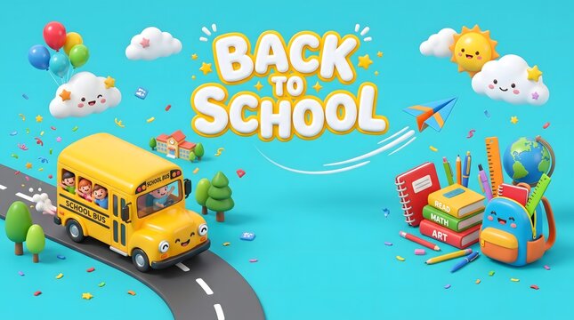 Colorful back to school concept with a yellow school bus happy clouds and learning supplies on a light blue background