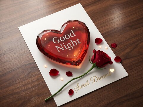 Good night and sweet dreams message on a red crystal heart with rose petals on white paper