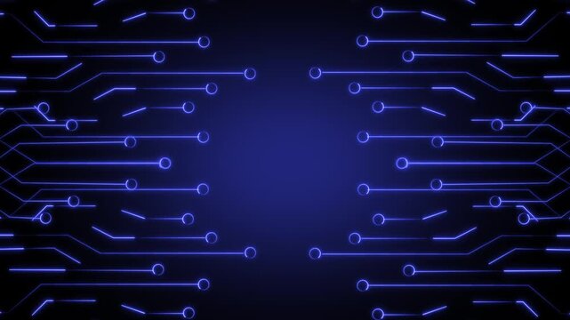 Violet circuit board pattern glowing on dark screen. Hardware motherboard symbol for information technology programming core. Animated circuit board design.