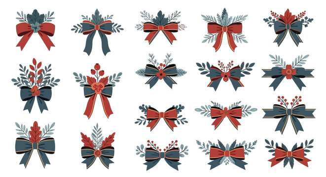 Collection of colorful christmas bows with leaves and ribbons