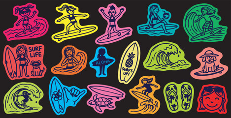 Vibrant Collection of Surfing and Beach-Themed Stickers and Patches. © Riki