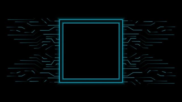 Teal circuit board pattern with central square chip frame. Hardware motherboard symbol for computer microprocessor processor. Animated circuit board backdrop.
