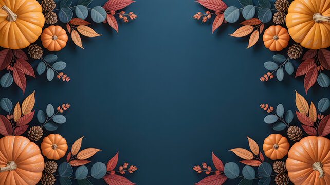 Autumn harvest frame with pumpkins and colorful fall leaves on a dark background