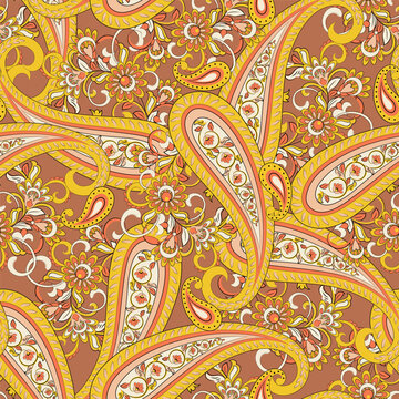Floral seamless pattern with paisley ornament. Vector illustration in asian textile style