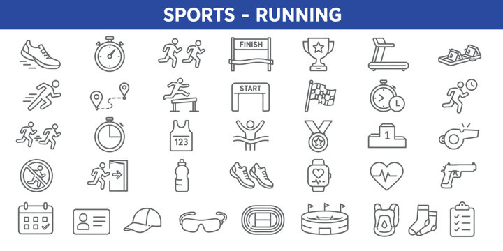 Running sports icons set including shoes stopwatch athlete treadmill finish line and marathon track.