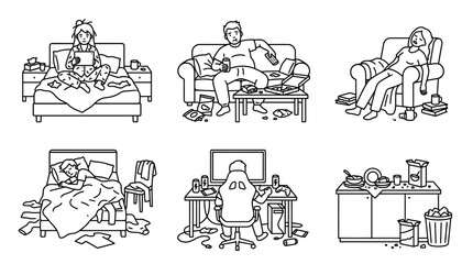Obraz premium Messy Lifestyle and Unhealthy Home Habits Line Art Illustration Set with Lazy People and Cluttered Living Spaces