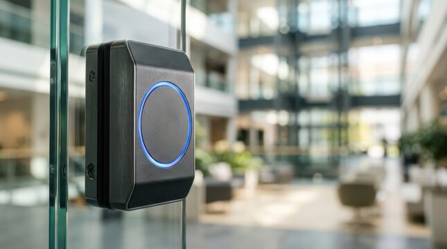 RFID access control card reader on a modern office glass door