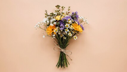 Bouquet of wildflowers with yellow and purple blooms on a soft peach background © MD Labib