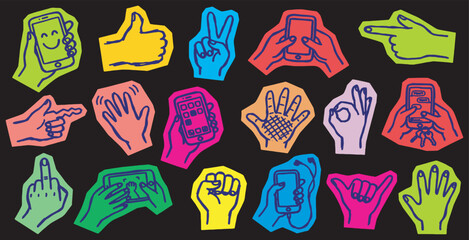 Vibrant collection of hand gestures and smartphone interactions on a dark background. © Riki