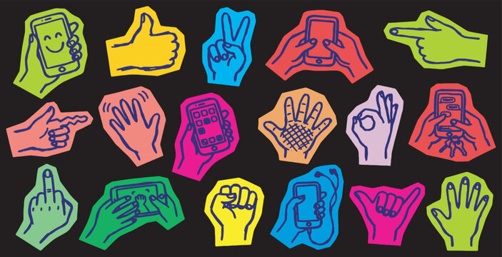 Vibrant collection of hand gestures and smartphone interactions on a dark background.