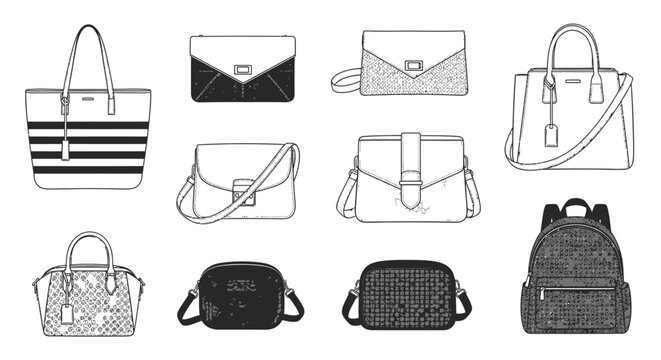 Collection of handbags and backpacks fashion accessories illustration