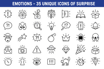 Fototapeta premium Outlined exclamation marks and light bulb elements representing surprise emotions.