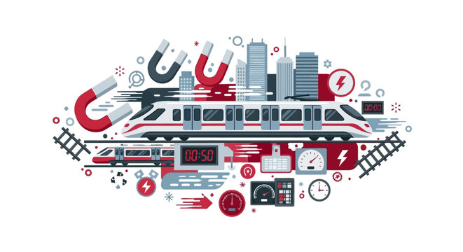 Modern High-Speed Maglev Train Vector Illustration with City Skyline, Magnets, and Future Transportation Technology Concepts