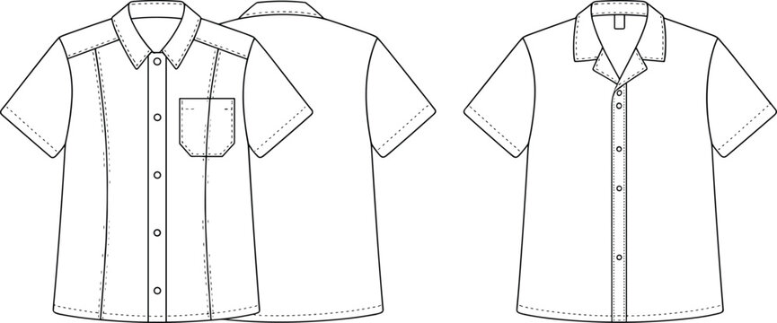 Fashion technical sketch vector line art set with denim jacket skirt ensemble front back views and formal blazer templates on white
