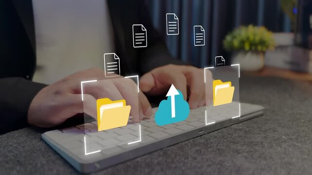 Cloud upload concept. cloud storage and file transfer icons, online data backup, secure document upload and digital storage technology.