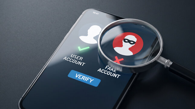 Magnifying glass inspecting a fake online profile on a modern smartphone screen in dark lighting conditions