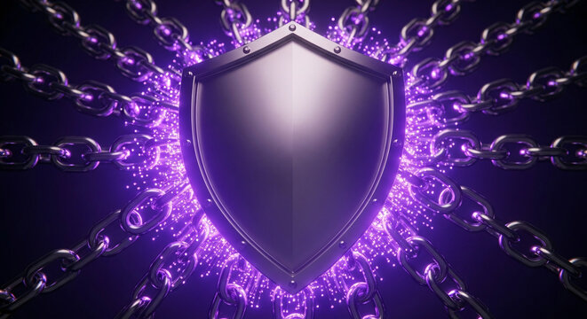 A silver shield with a purple glow and broken chains on a dark background, symbolizing protection and security with a dramatic effect.