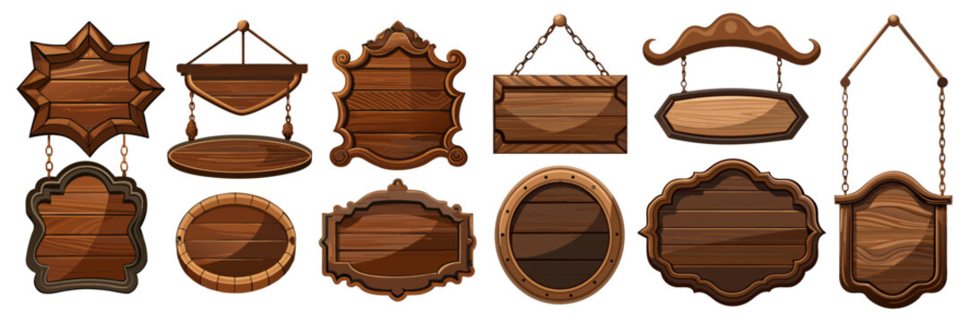 A collection of decorative dark wood hanging boards and game UI plaques featuring complex, ornamental frames.
