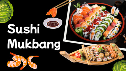 Japanese sushi mukbang and sashimi platter composition for social media thumbnail or food menu banner. © DILSHAD24 