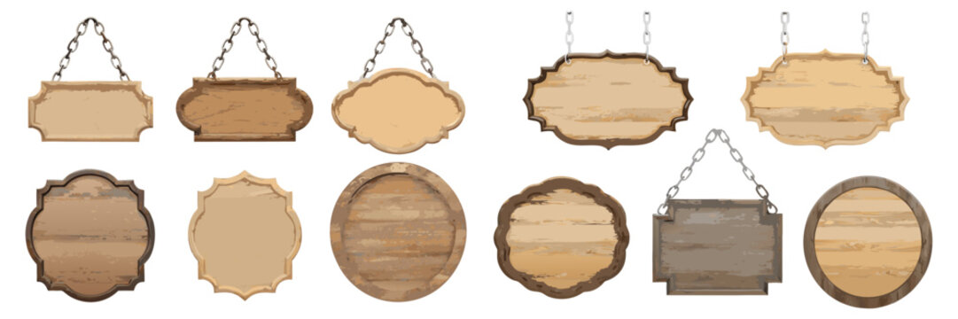A collection of light and rustic wooden hanging signs suspended by metal chains in various classic, ornamental shapes.