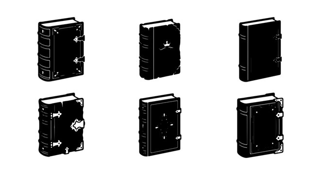 Vintage Book Icons, Old Library Collection, Antique Journal Set, Black and White Vector Graphics