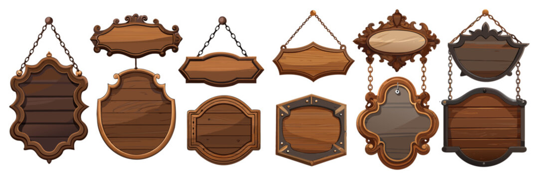 A collection of ornate, vintage-style wooden signs and hanging plaques perfect for fantasy game interfaces or rustic decor.
