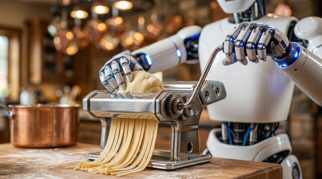 Humanoid robot making homemade pasta in a domestic kitchen