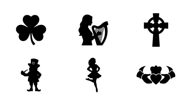 Irish cultural icons set, black silhouette shamrock and leprechaun, 6 vector celtic symbols