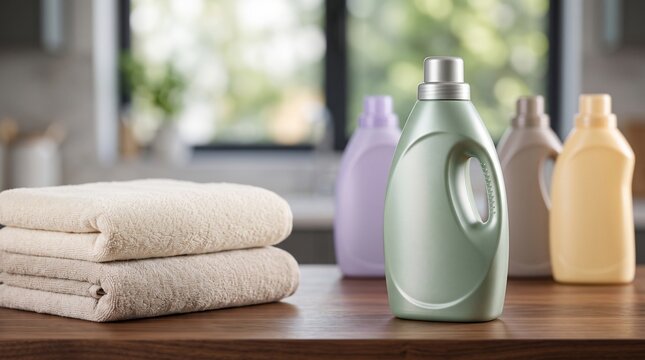 Green laundry detergent bottle standing next to folded fresh towels on a wooden table in a brightly lit modern home kitchen environment for housework