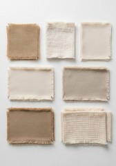 Fototapeta premium Collection of Natural Fabric Swatches with Frayed Edges in Neutral Beige and Cream Tones on White Background