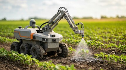 Obraz premium Autonomous Agricultural Robot Spraying Soybean Crops in Precision Farming