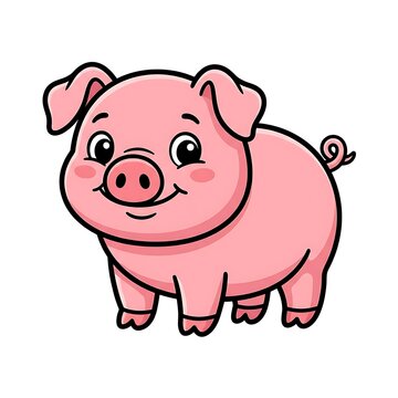 Cute pink pig character smiling cartoon style.