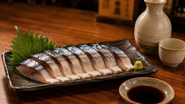 shime saba with sake on izakaya counter
