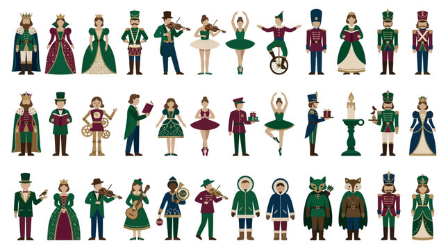 Collection of colorful cartoon nutcracker soldiers and dancers