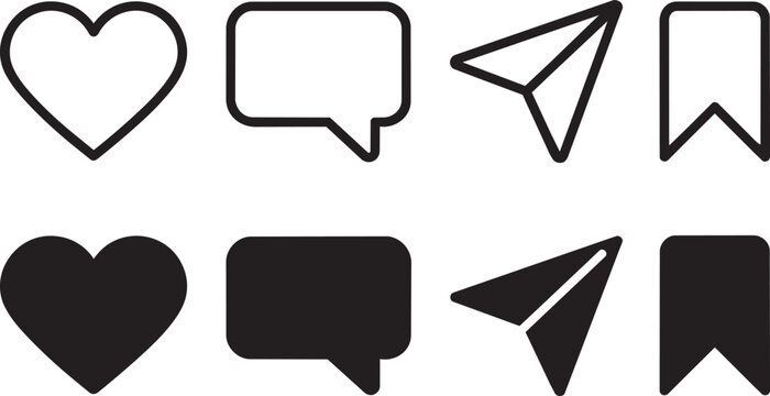 Minimalist set of social media interface icons presented as a clean vector graphic on transparent background