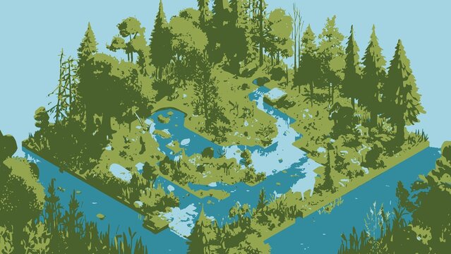 Isometric Vector Illustration of a Lush Green Forest Landscape with a Winding Blue Stream and Dense Pine Trees in a Stylized Graphic Art Style