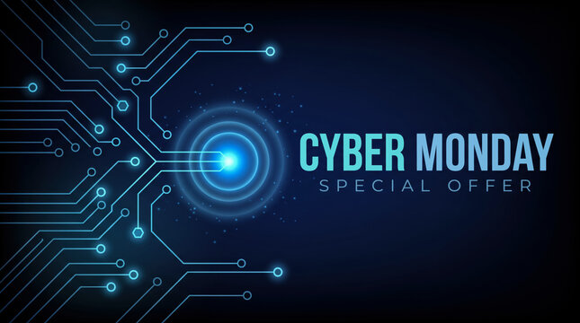Cyber Monday Special Offer Banner with Glowing Blue Circuit Board Technology Background, Futuristic Digital Promotion Template