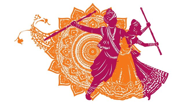 Traditional Indian Dandiya Raas Folk Dance Silhouette with Decorative Mandala Background for Navratri Festival Celebration