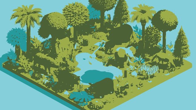 Isometric Forest Ecosystem Illustration Featuring Diverse Trees Plants and Wildlife Habitats Set in a Natural Woodland Landscape Environment