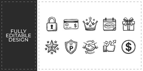 Financial security and ecommerce hand drawn doodle vector icons set featuring lock credit card crown calendar and shopping cart for business and banking design © Ashik  Khan