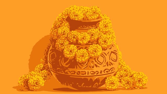 Traditional Indian earthen pot decorated with orange marigold flower garlands for Hindu festival celebration illustration