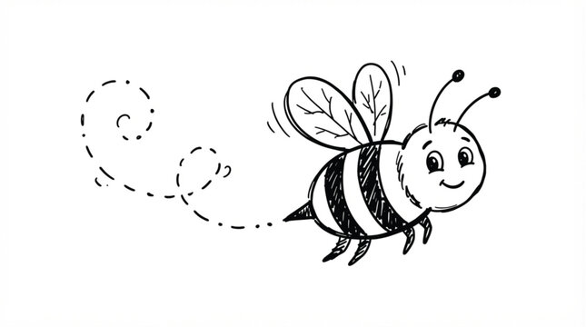 Cute hand drawn doodle honey bee vector sketch with playful flying line path for whimsical honey jar labels or nursery craft decorations