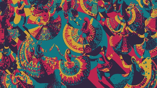 Vibrant Illustration of Traditional Indian Folk Dancers in Colorful Swirling Outfits Performing a Cultural Dance Ceremony