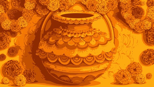 Traditional Decorative Ceramic Pot Surrounded by Vibrant Orange Marigold Flowers in Folk Art Illustration Style